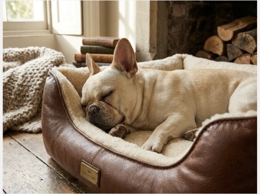 French bulldog asleep in a leather and sheepskin dog bed