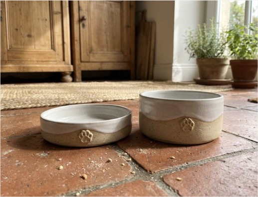 Two ceramic pet bowls with paw print detail on a terracotta floor